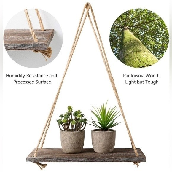 Boho Rustic Wall Hanging Wood Floating Shelves, Set of 2 - Picture 7 of 15